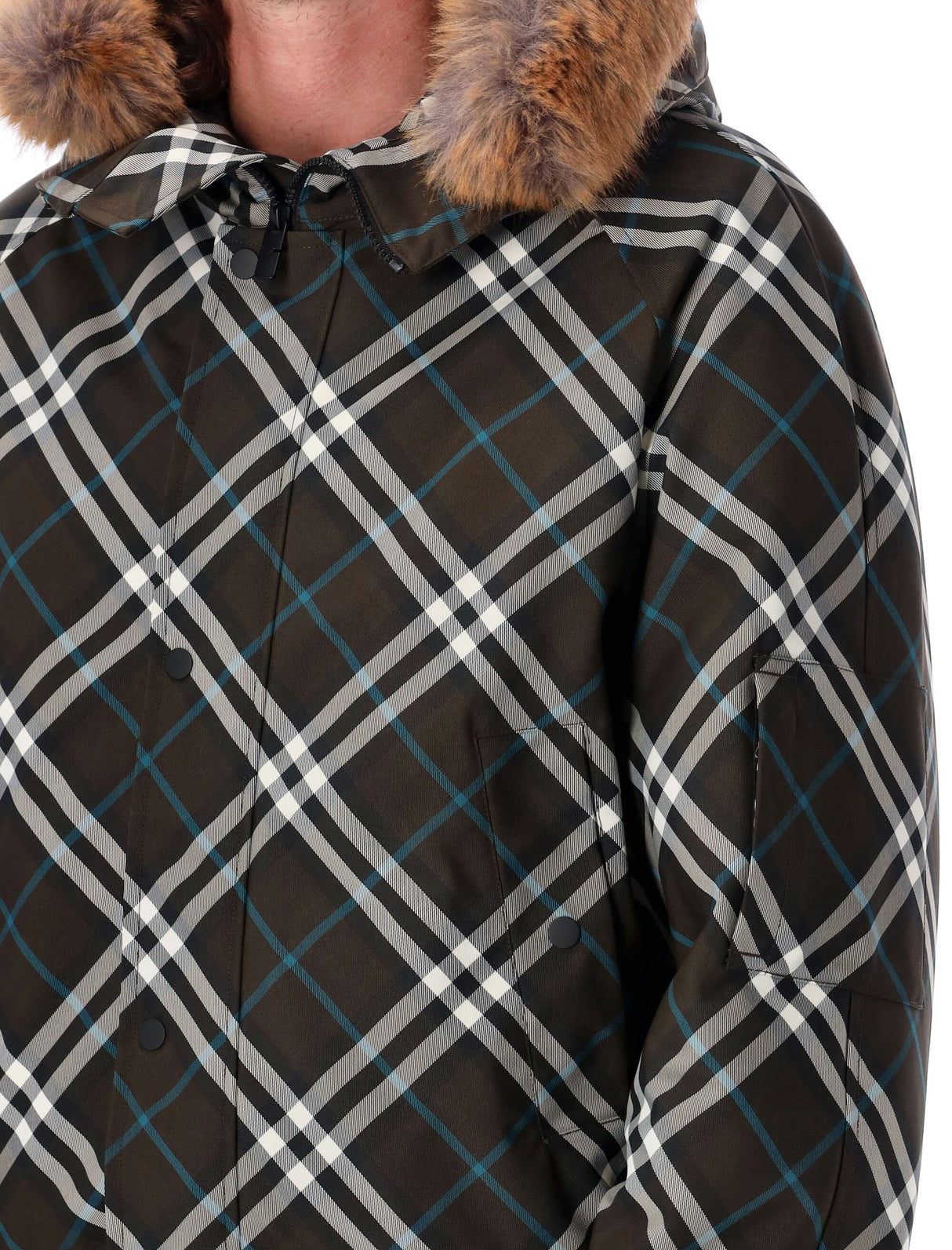 BURBERRY Men's Relaxed Fit Plaid Puffer Jacket with Detachable Hood - Size L