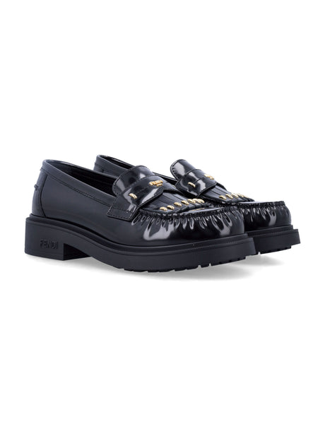 FENDI Glossy Leather Loafers with Fringed Detail for Women