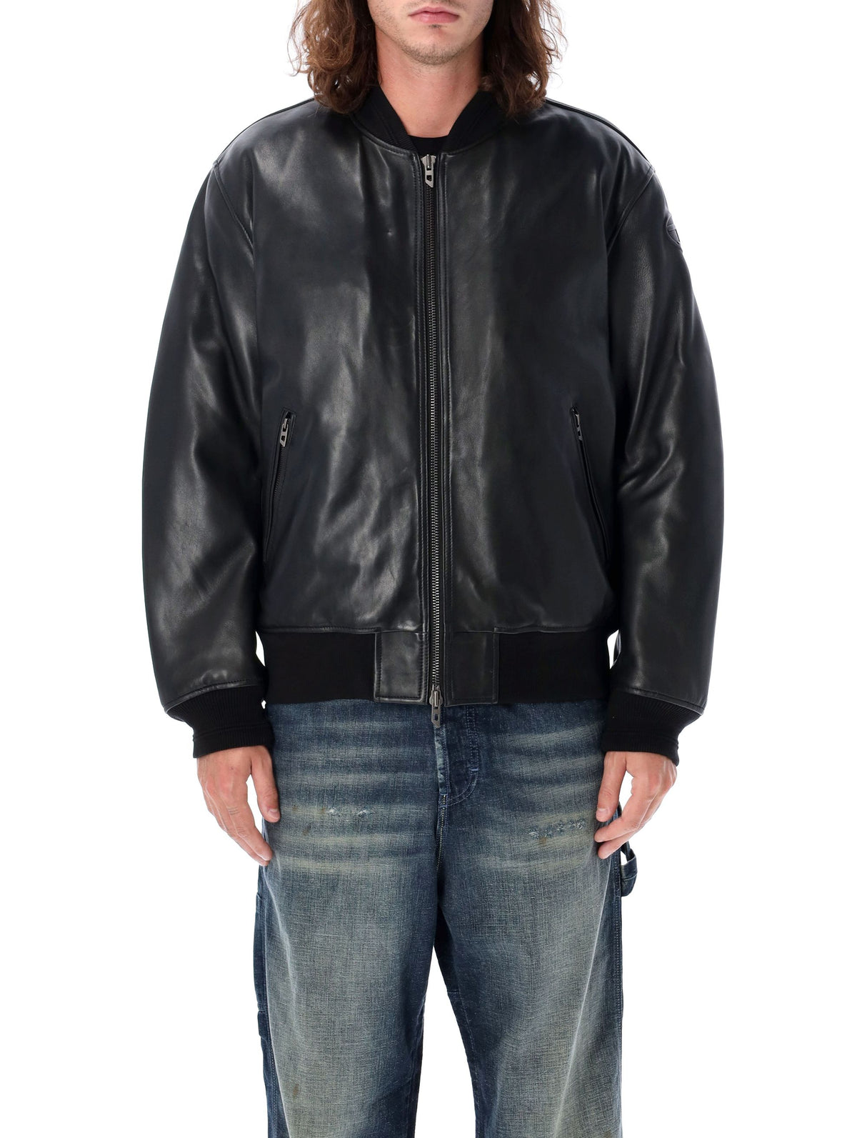 DIESEL Men's Relaxed Fit Leather Bomber Jacket - Size 50