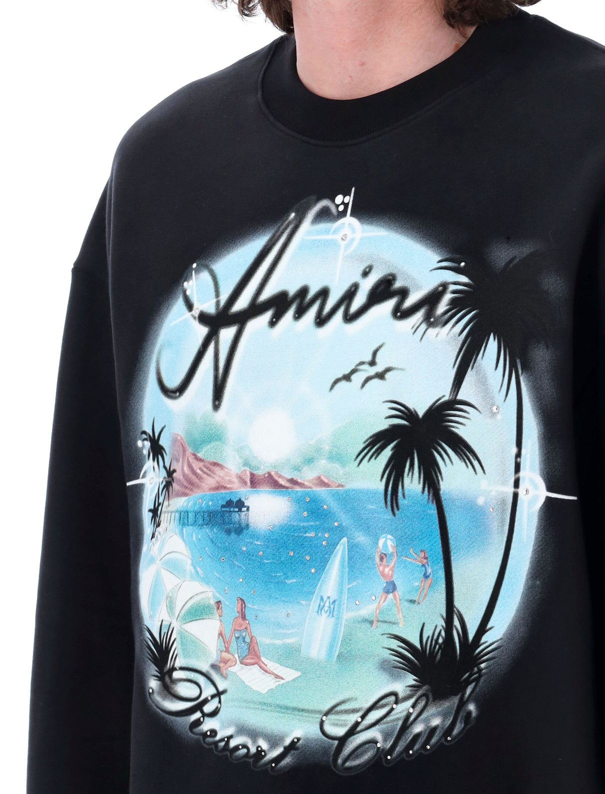 AMIRI Artistic Airbrush Graphic Crewneck Sweatshirt with Rhinestone Details