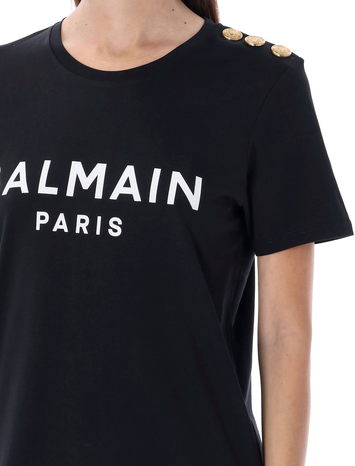 BALMAIN Elegant Long Fit Parisian Emblem Tee with Gold-Tone Details