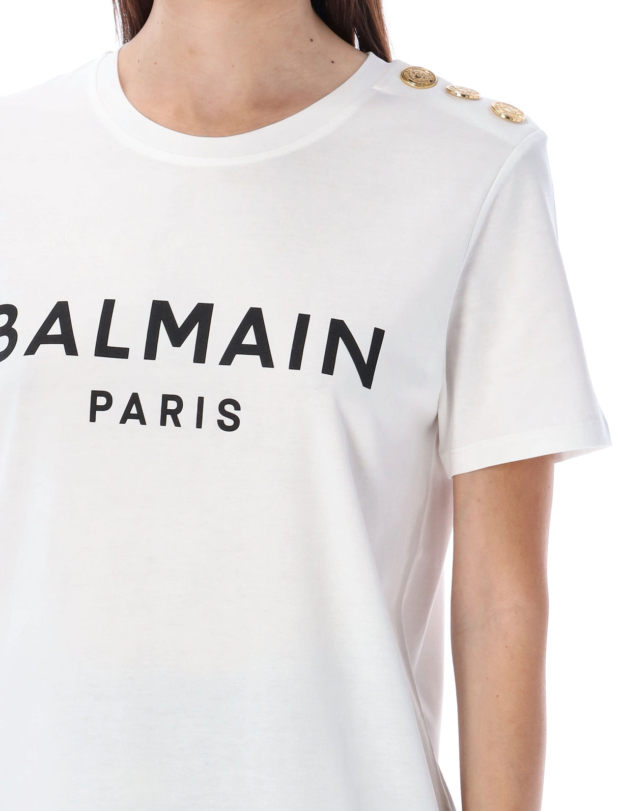 BALMAIN Parisian Chic Flocked Designer T-Shirt with Gold-Tone Accents