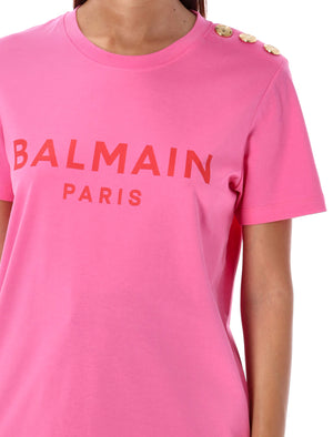 BALMAIN Parisian Chic Flocked T-Shirt with Gold Coin Accents