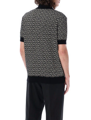 BALMAIN Monogram Knit Polo with Classic Point Collar