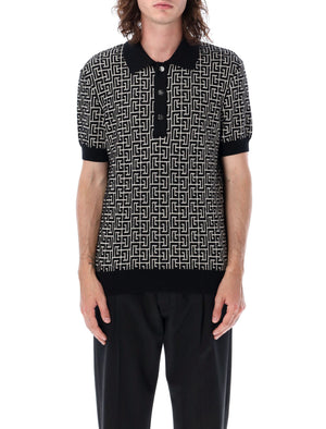 BALMAIN Monogram Knit Polo with Classic Point Collar