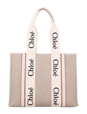 CHLOÉ Linen Woody Tote Handbag - 30cm