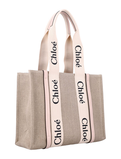 CHLOÉ Linen Woody Tote Handbag - 30cm