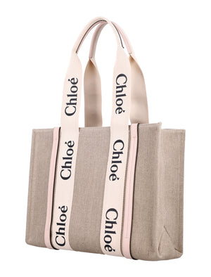 CHLOÉ Linen Woody Tote Handbag - 30cm