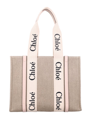 CHLOÉ Linen Woody Tote Handbag - 30cm