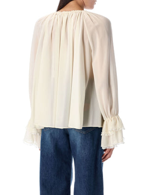 CHLOÉ Gathered V-Neck Top - Size 36