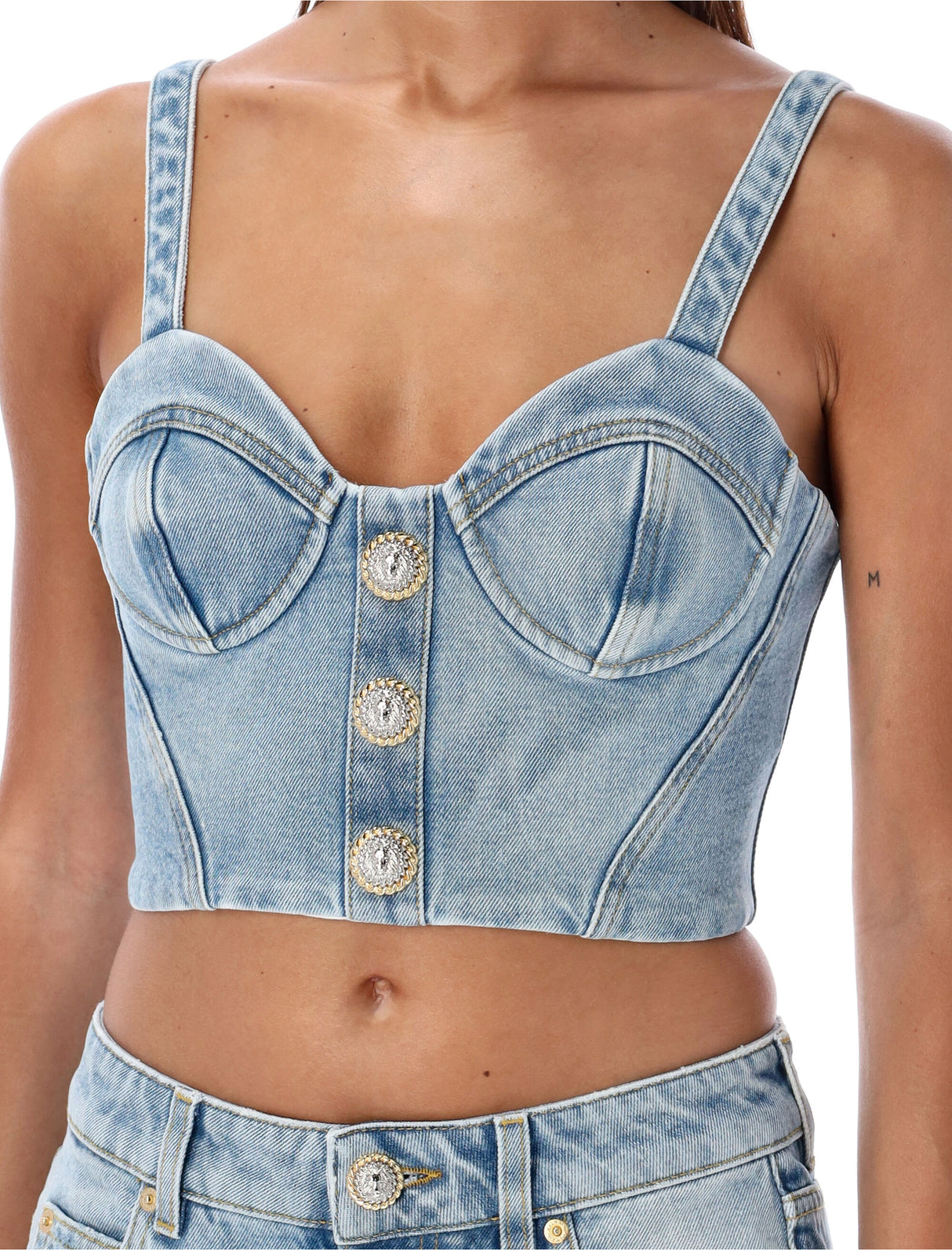 BALMAIN Chic Light-Wash Denim Bustier Top