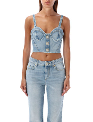 BALMAIN Chic Light-Wash Denim Bustier Top