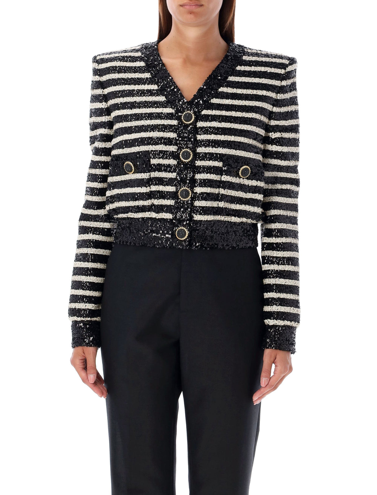 BALMAIN Glamorous Striped Sequin Cropped Jacket