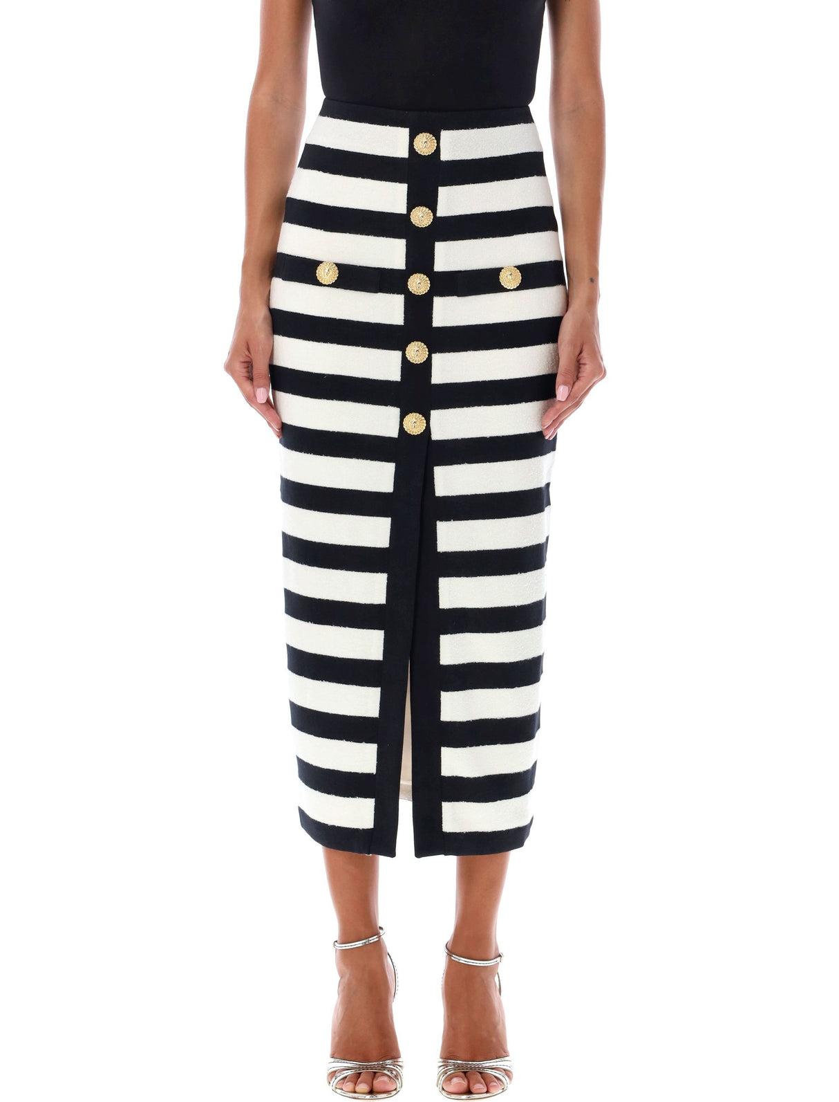 BALMAIN Elegant Striped Midi Skirt with Decorative Lion Head Buttons