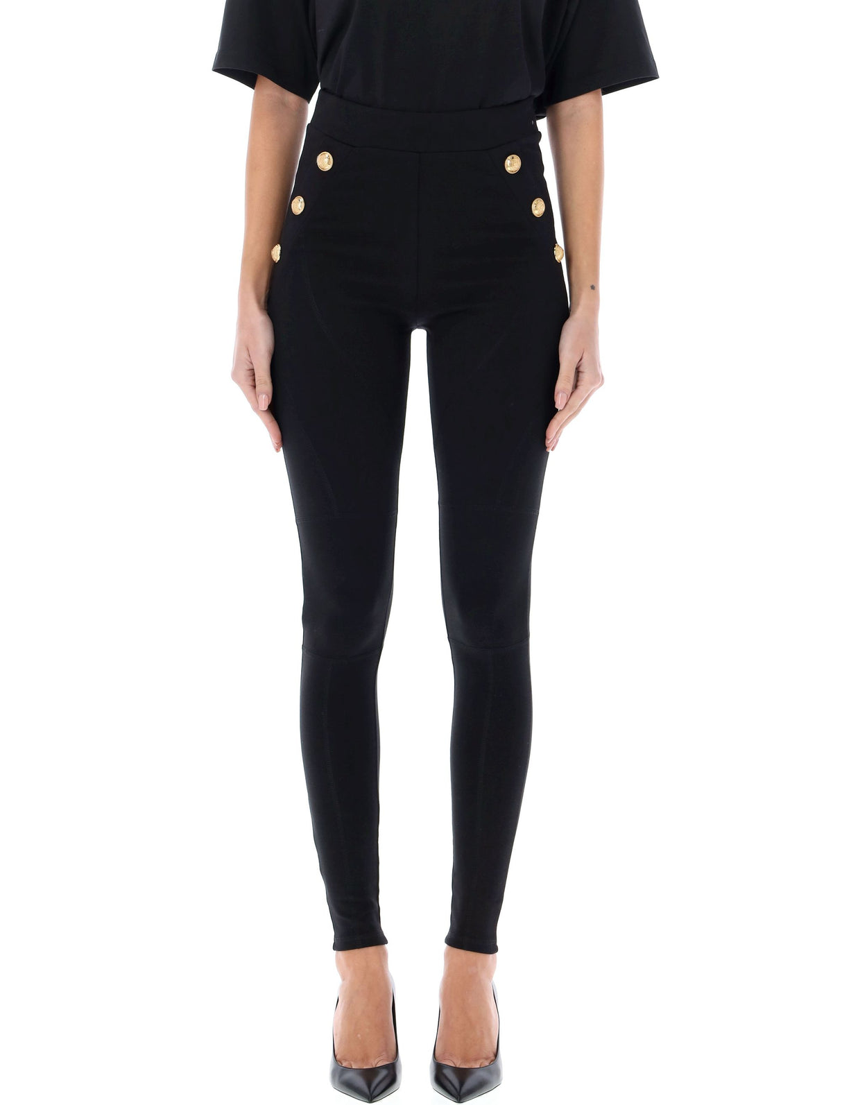 BALMAIN Elegant Fitted Knit Leggings with Golden Button Accents