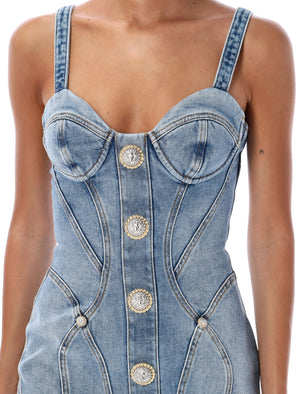 BALMAIN Chic Denim Mini Dress with Sweetheart Bustier