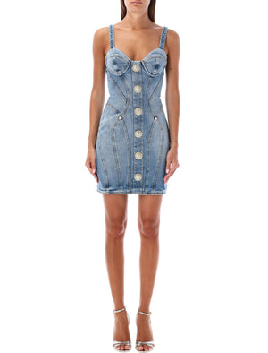 BALMAIN Chic Denim Mini Dress with Sweetheart Bustier