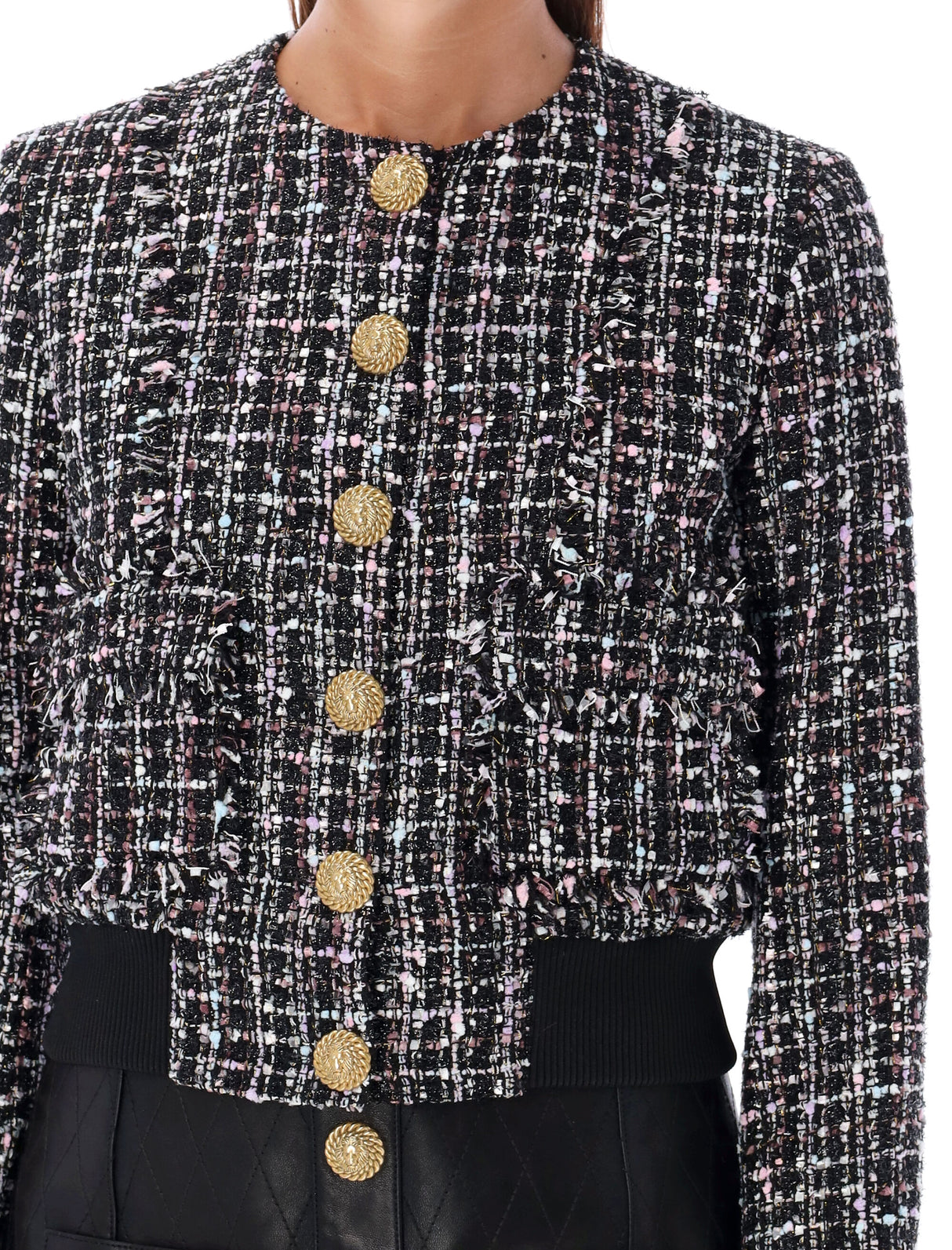 BALMAIN Chic Cropped Tweed Bomber Jacket with Metallic Accents