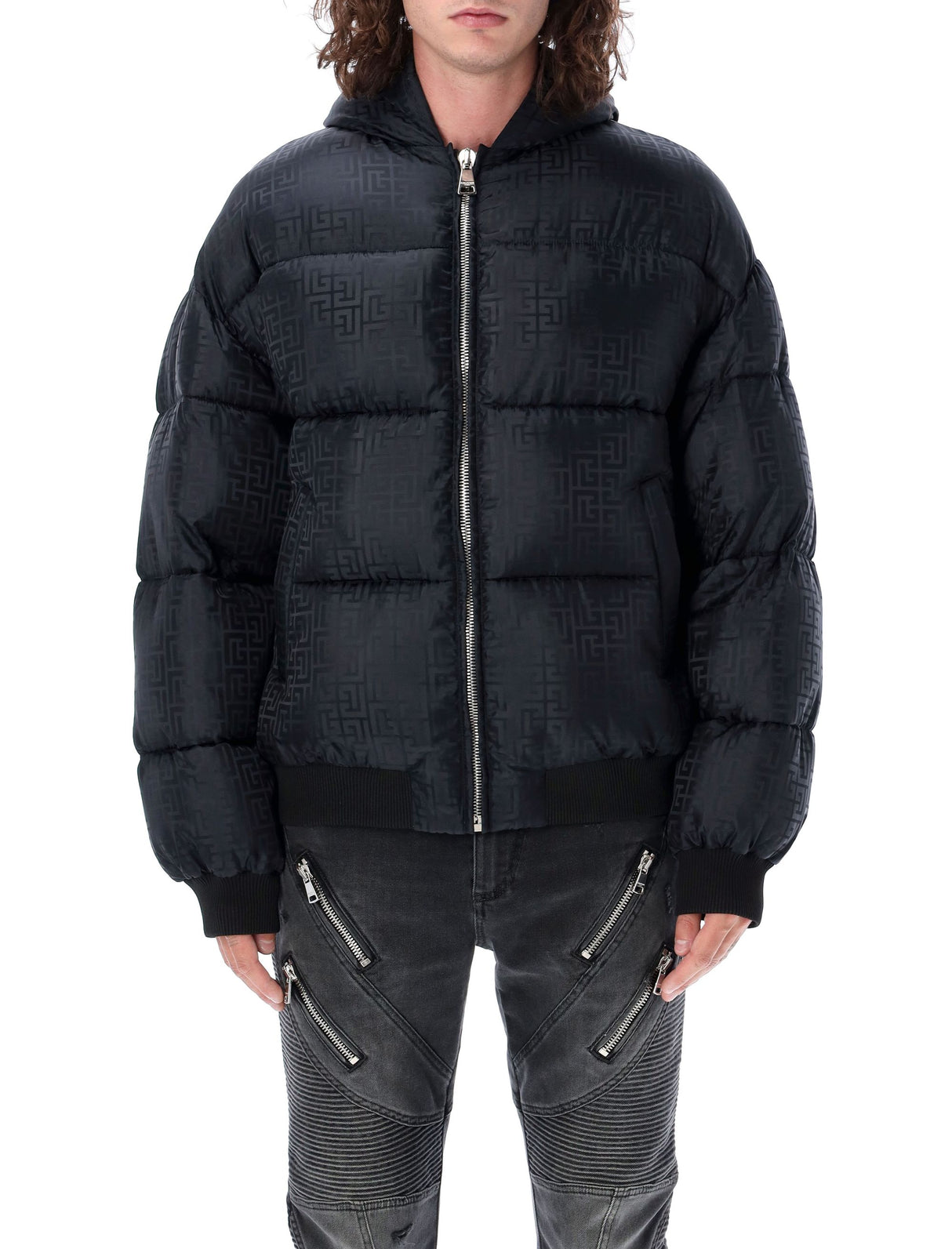 BALMAIN Signature Monogram Down Jacket with Hood