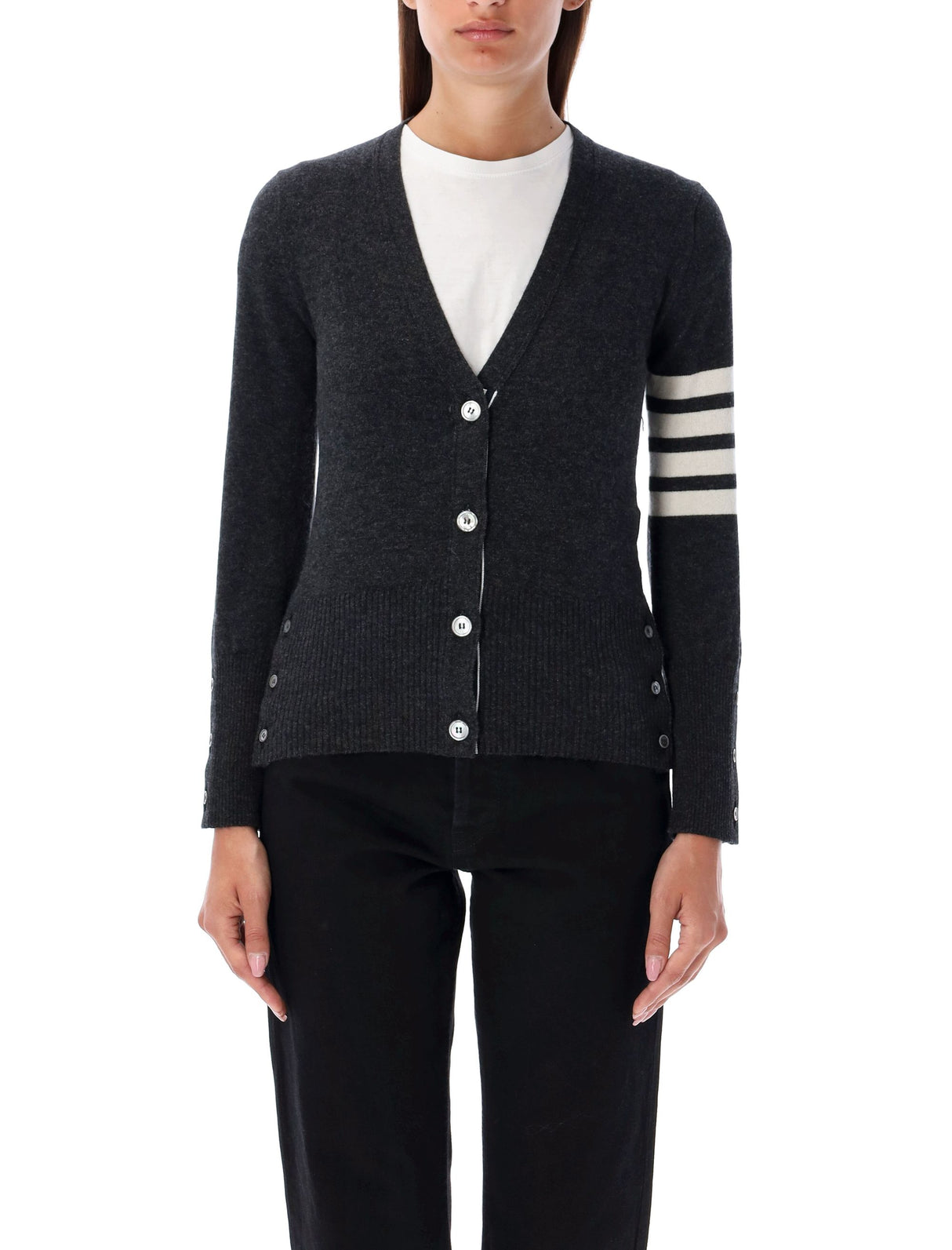 THOM BROWNE Classic V-Neck Cashmere Cardigan with Signature Stripes