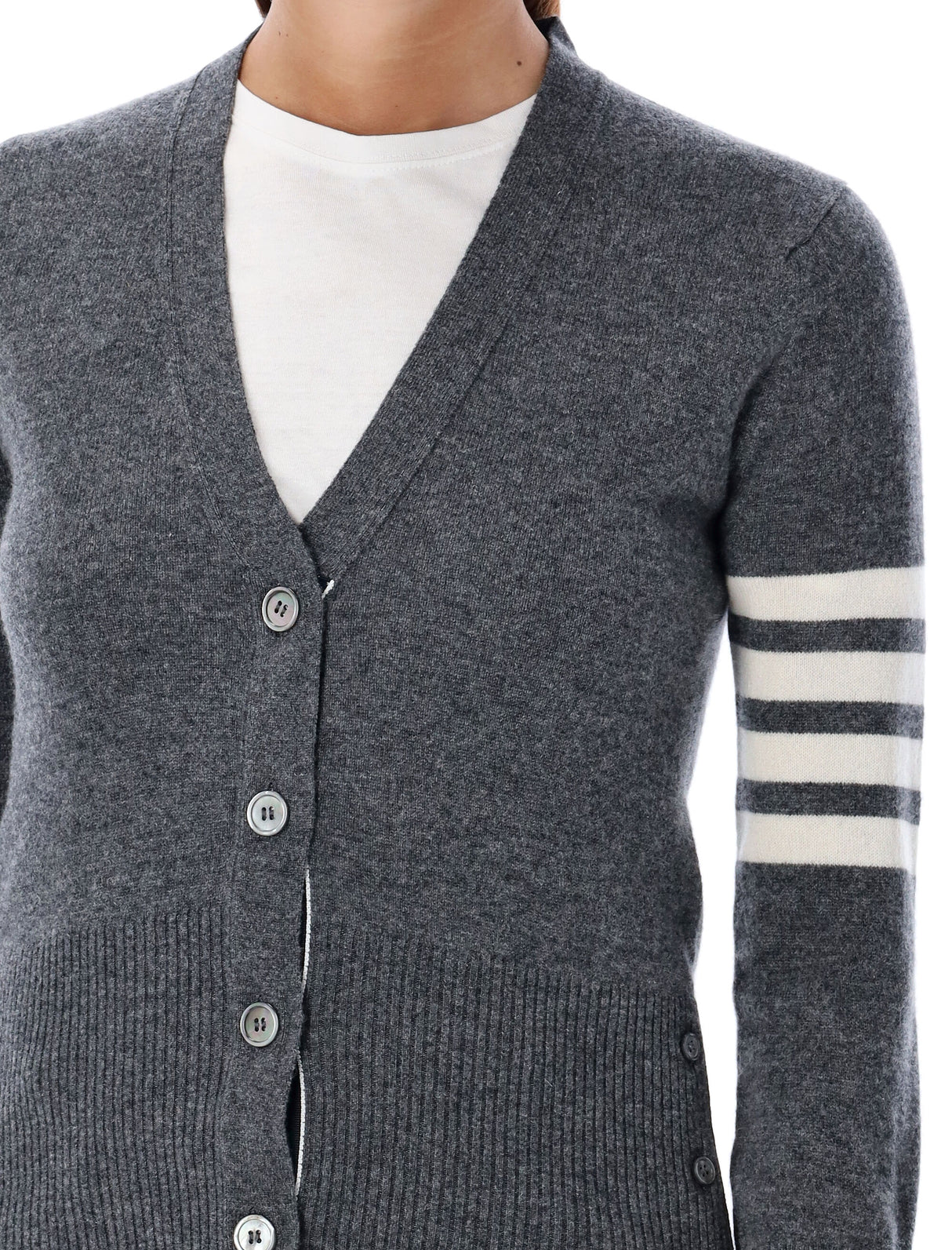 THOM BROWNE Elegant V-Neck Cashmere Cardigan with Signature Stripe