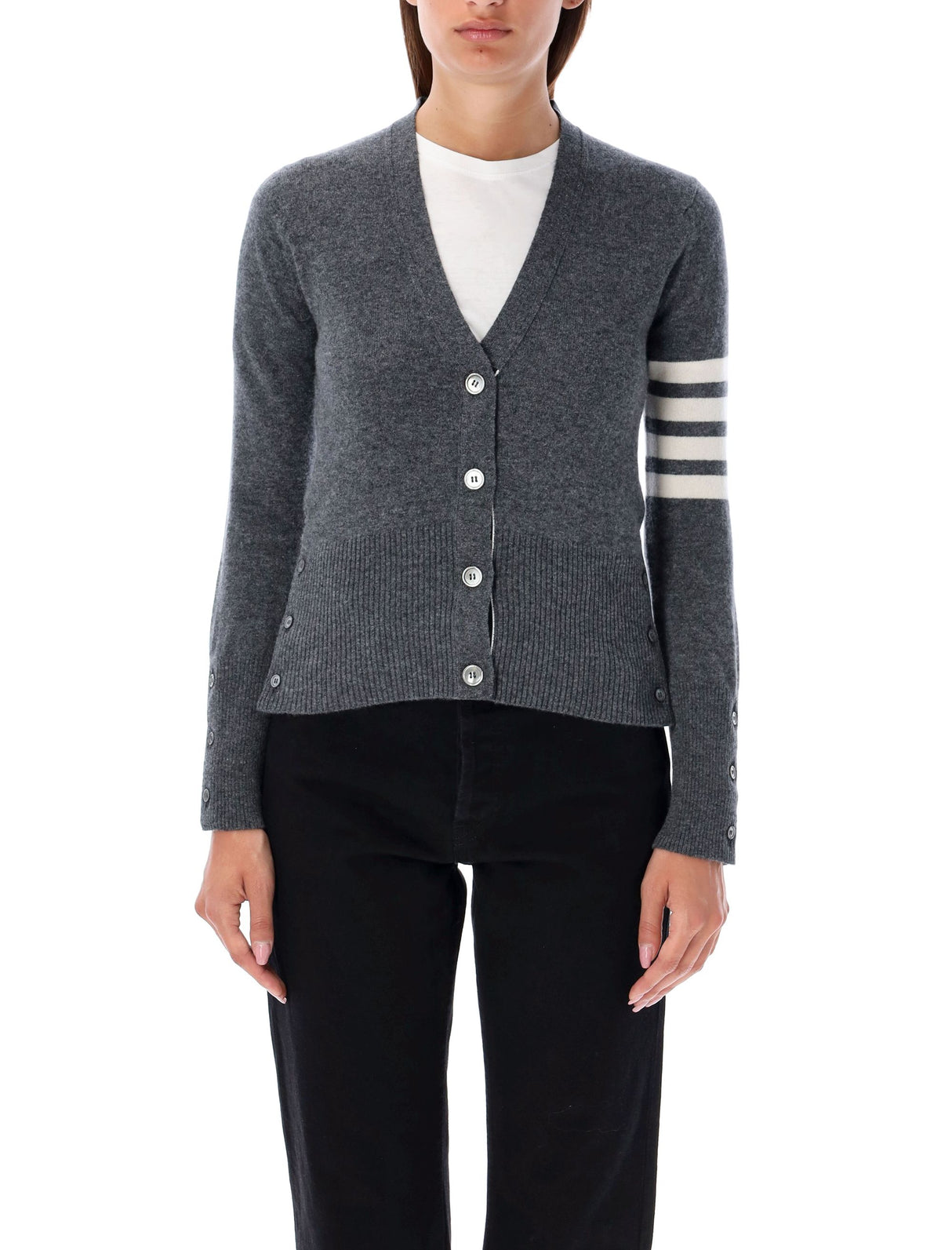 THOM BROWNE Elegant V-Neck Cashmere Cardigan with Signature Stripe