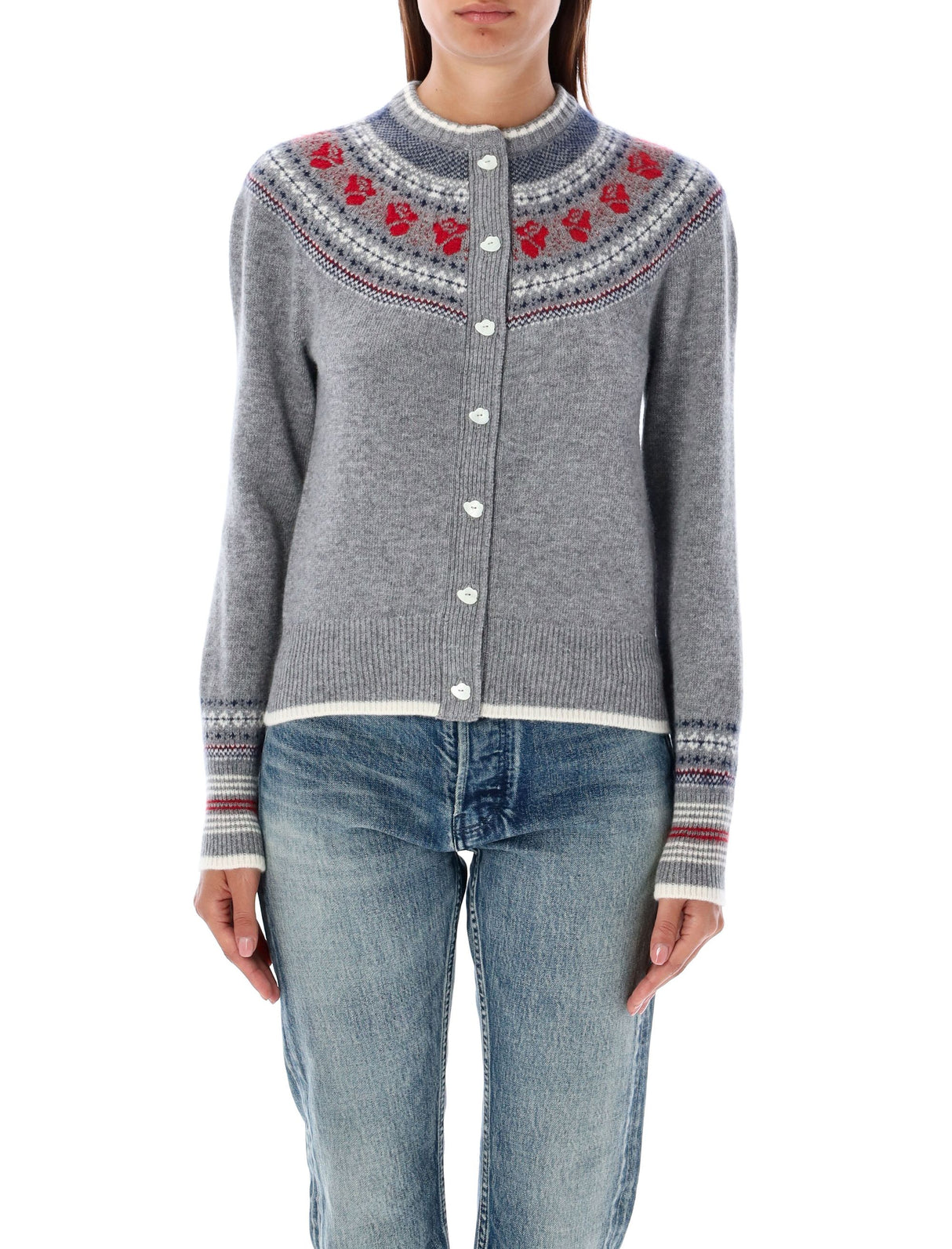 THOM BROWNE Elegant Rose Fair Isle Wool Cardigan