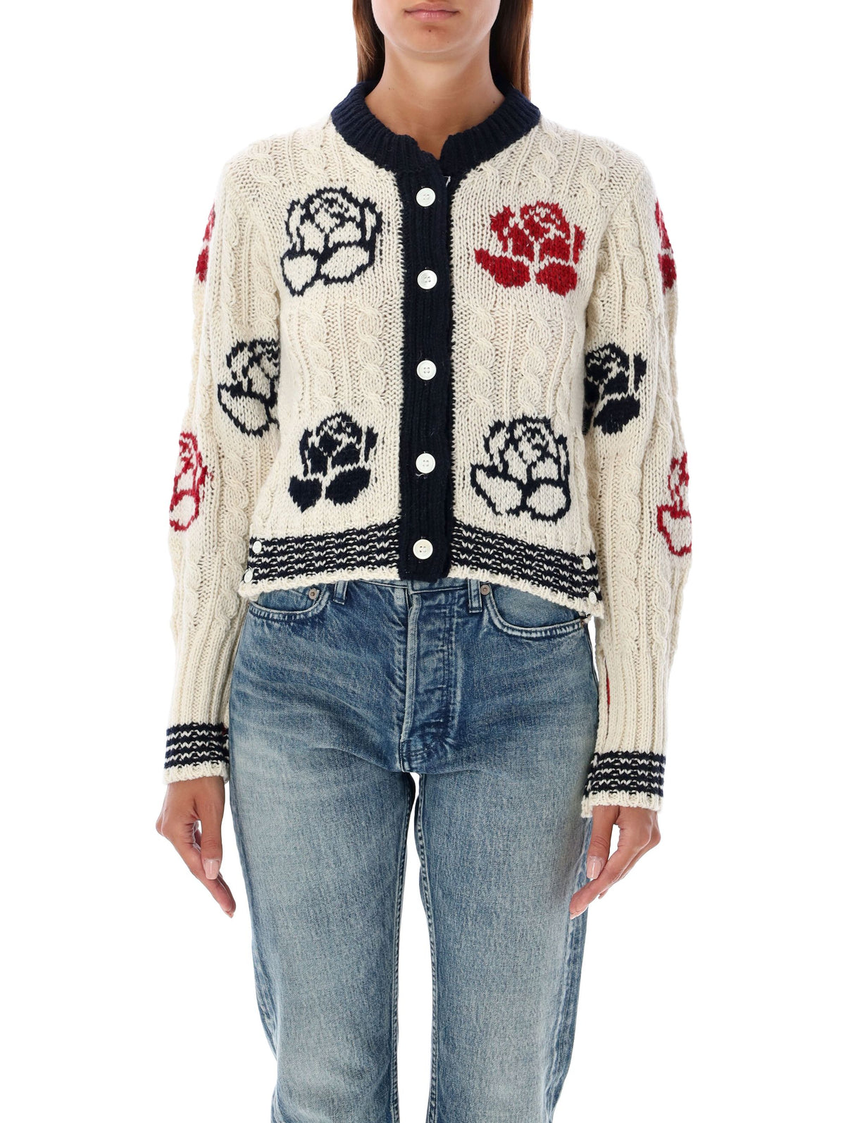 THOM BROWNE Rose Intarsia Cable Knit Cardigan - Regular Fit, Size 38