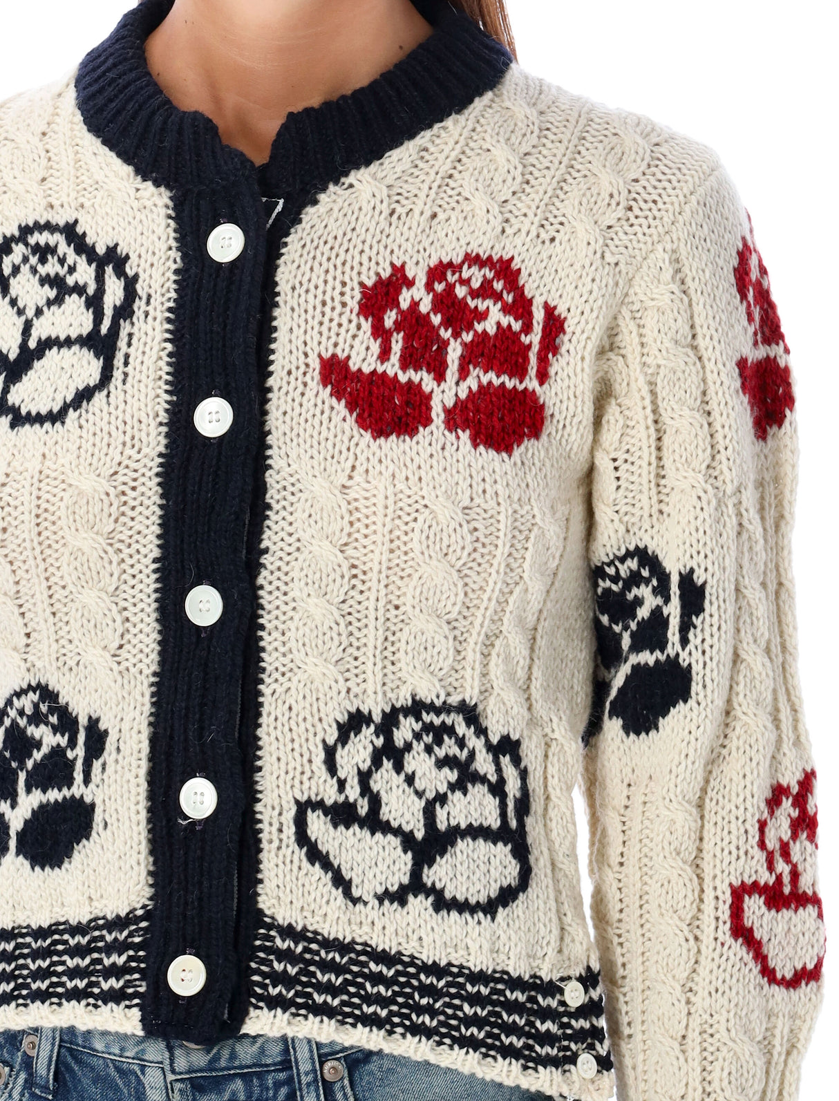 THOM BROWNE Rose Intarsia Cable Knit Cardigan - Regular Fit, Size 38