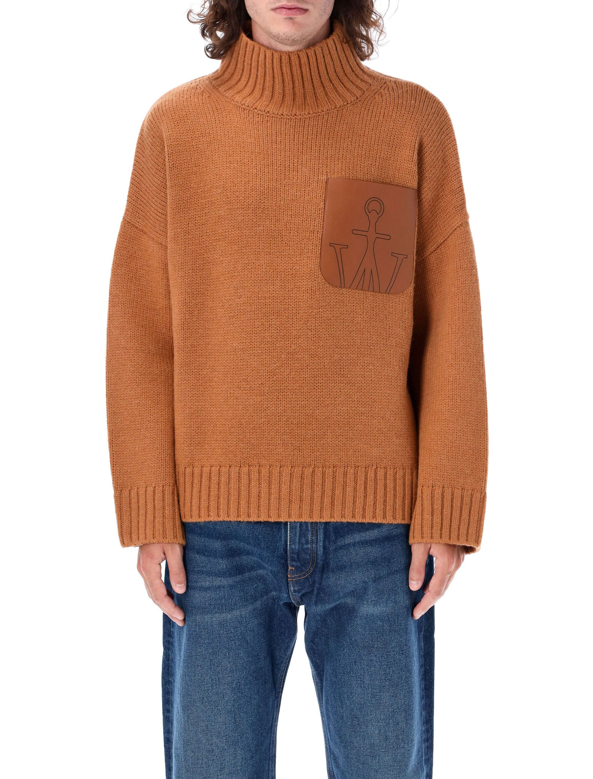 JW ANDERSON High Neck Leather-Trimmed Wool Blend Sweater