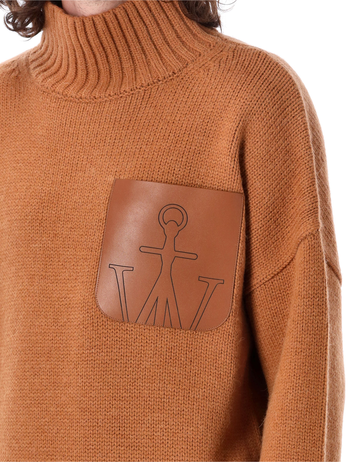 JW ANDERSON High Neck Leather-Trimmed Wool Blend Sweater