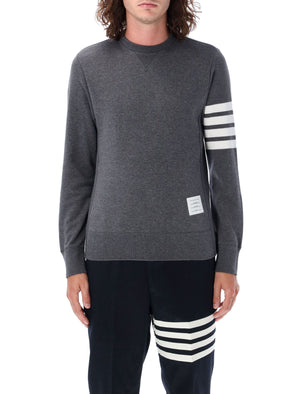 THOM BROWNE Elegant Dark Grey Crewneck Sweater with Iconic Band Detail - Size 4