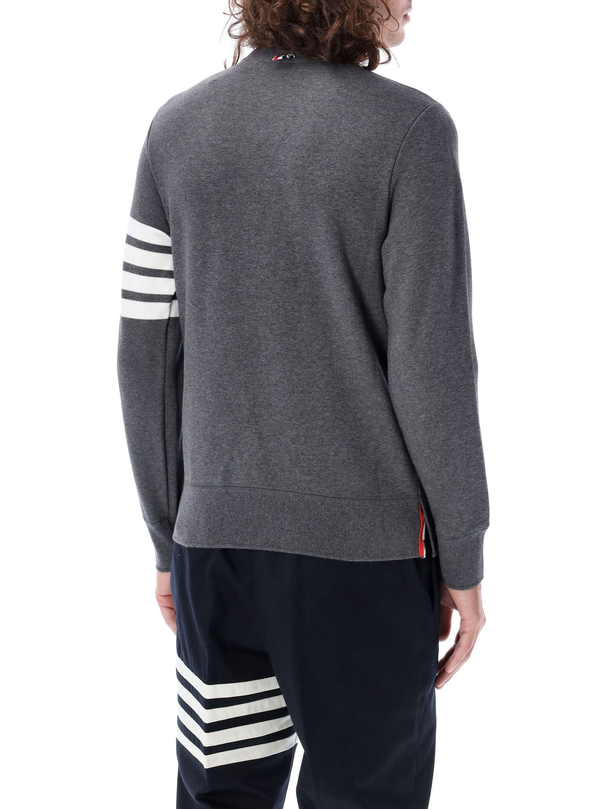 THOM BROWNE Elegant Dark Grey Crewneck Sweater with Iconic Band Detail - Size 4