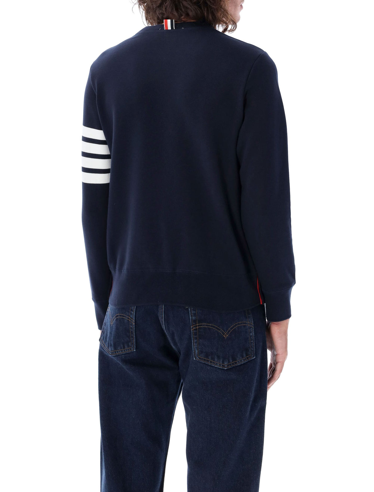 THOM BROWNE Classic Navy Crewneck Sweater with Signature Stripes