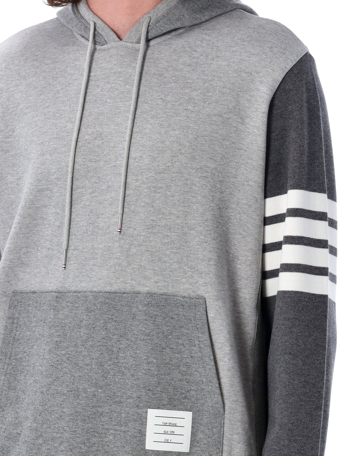 THOM BROWNE Men's Tonal Grey Cotton Hoodie Pullover with Contrast Details