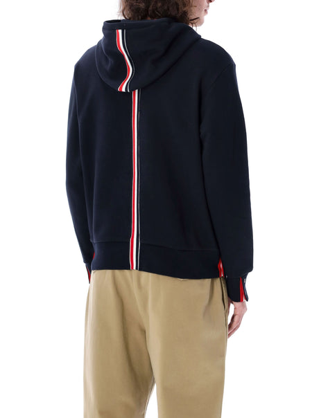 THOM BROWNE Navy Striped Cotton Pullover Hoodie with Pouch Pocket