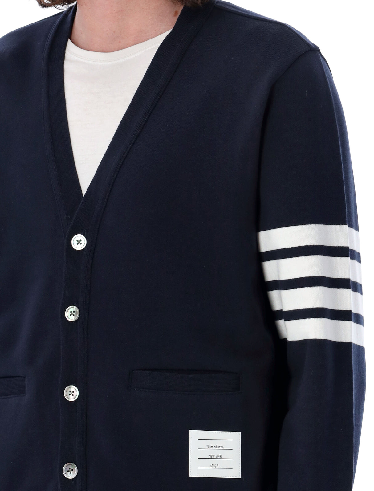 THOM BROWNE Classic V-Neck Cotton Cardigan with Signature Stripes