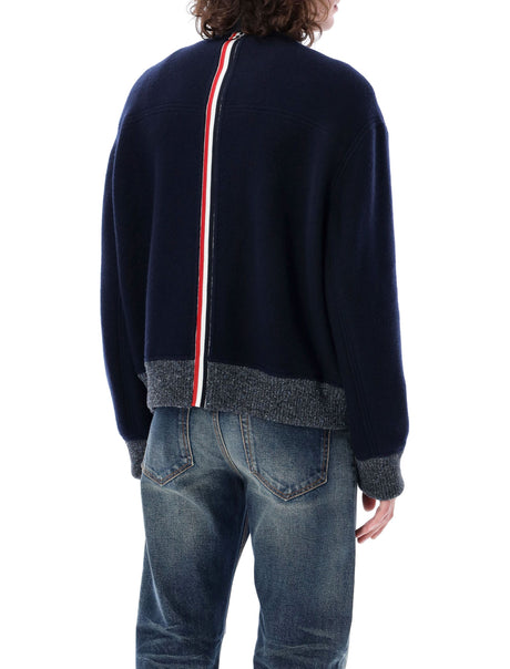 THOM BROWNE Navy Wool Bomber Jacket with Signature Stripe