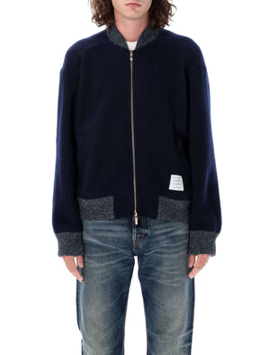 THOM BROWNE Navy Wool Bomber Jacket with Signature Stripe