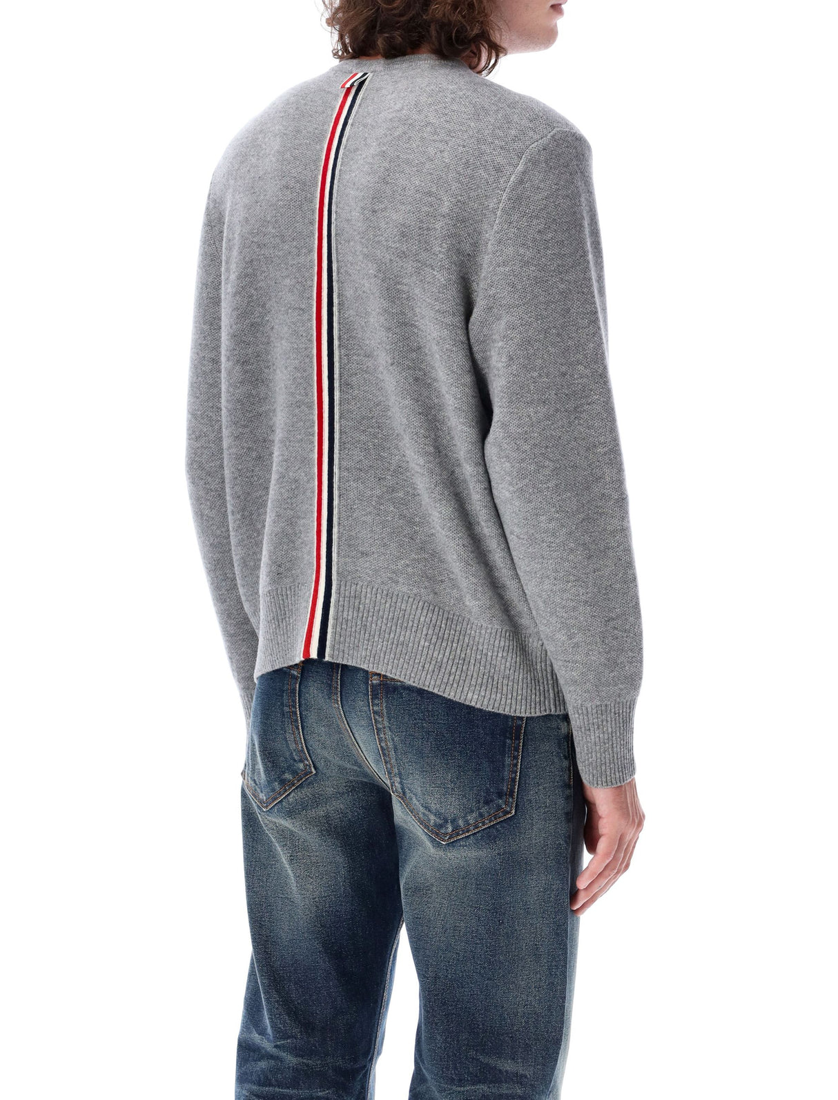 THOM BROWNE Refined Textured Wool Pullover with Signature Stripe