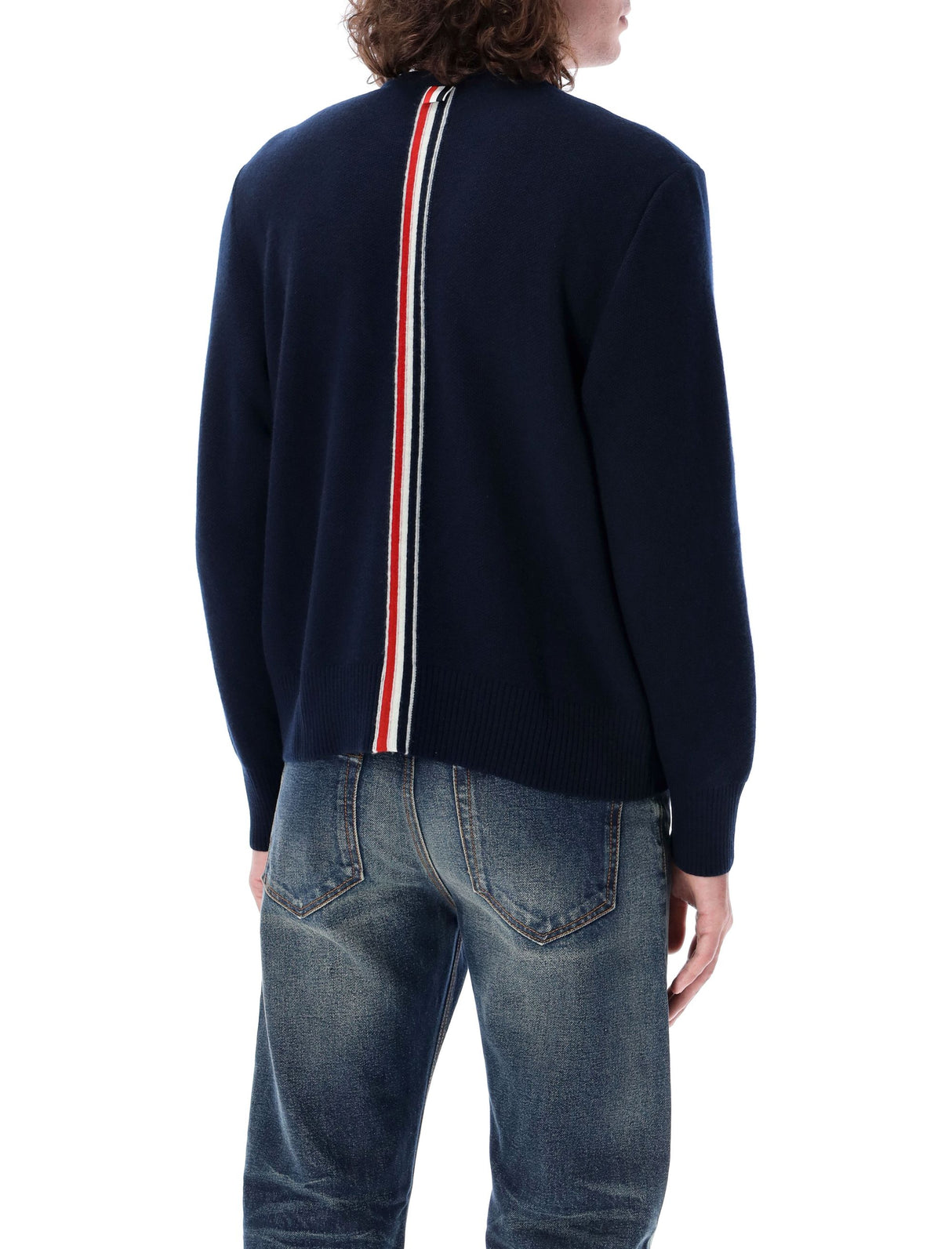 THOM BROWNE Navy Wool Crewneck Pullover with Signature Stripe