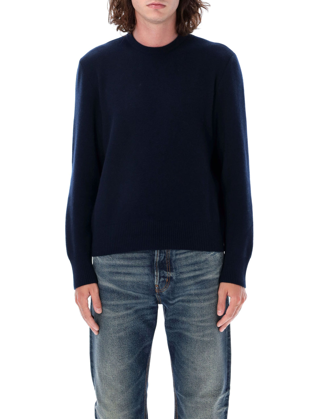 THOM BROWNE Navy Wool Crewneck Pullover with Signature Stripe