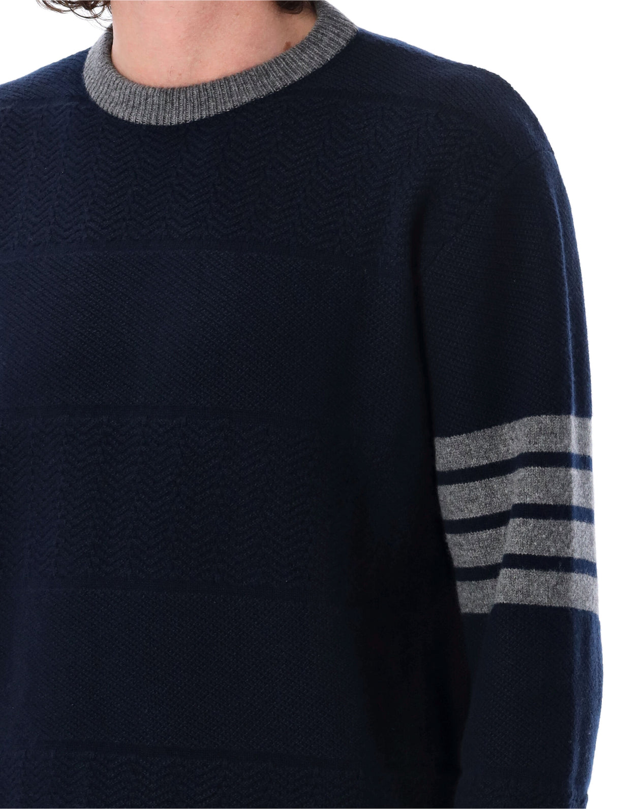 THOM BROWNE Textured Rugby Stripe Crew Neck Sweater - Size 3