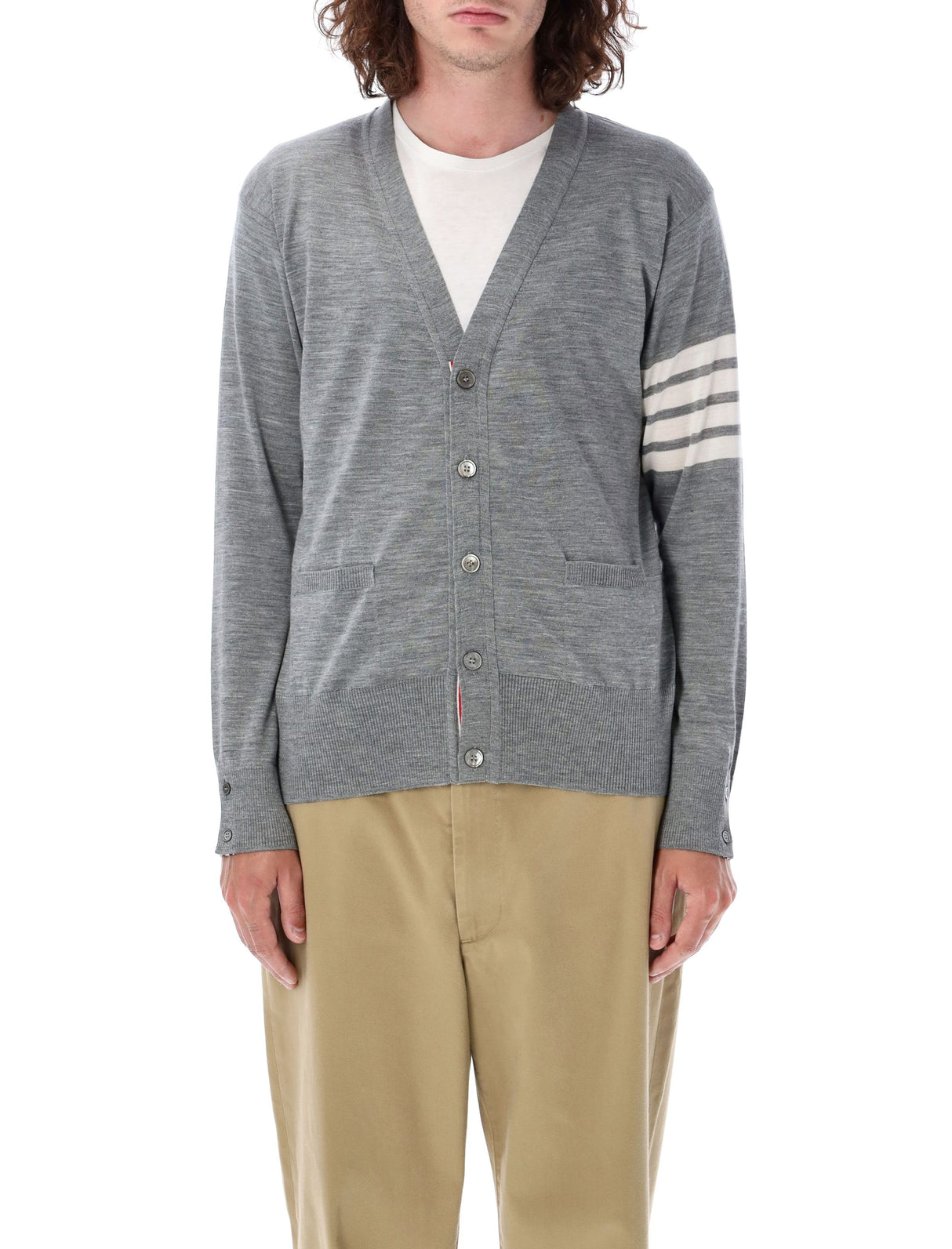 THOM BROWNE Eco-Friendly Classic V-Neck Cardigan in Pale Grey