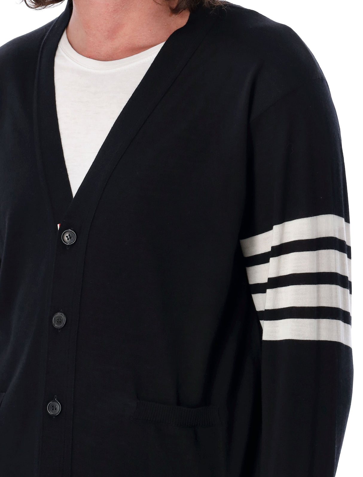 THOM BROWNE Elegant Striped Sleeve V-Neck Cardigan