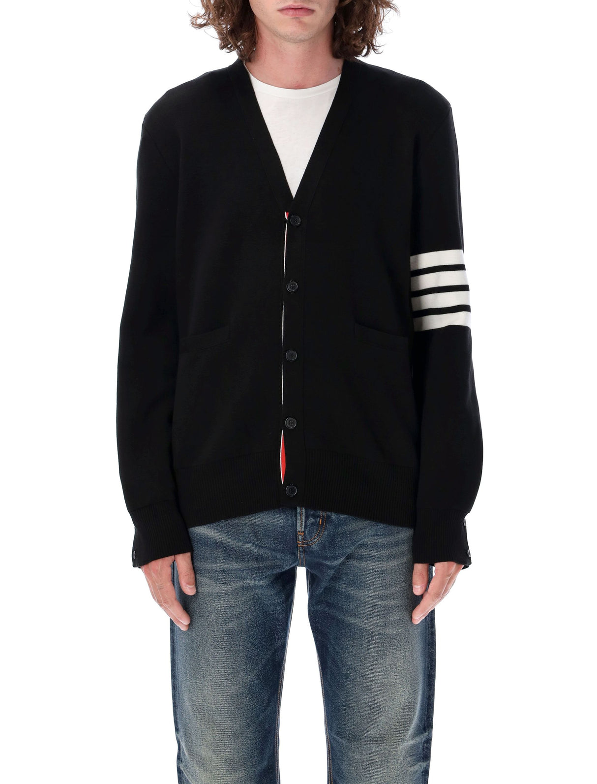 THOM BROWNE Elegant Cotton V-Neck Cardigan with Signature Stripes