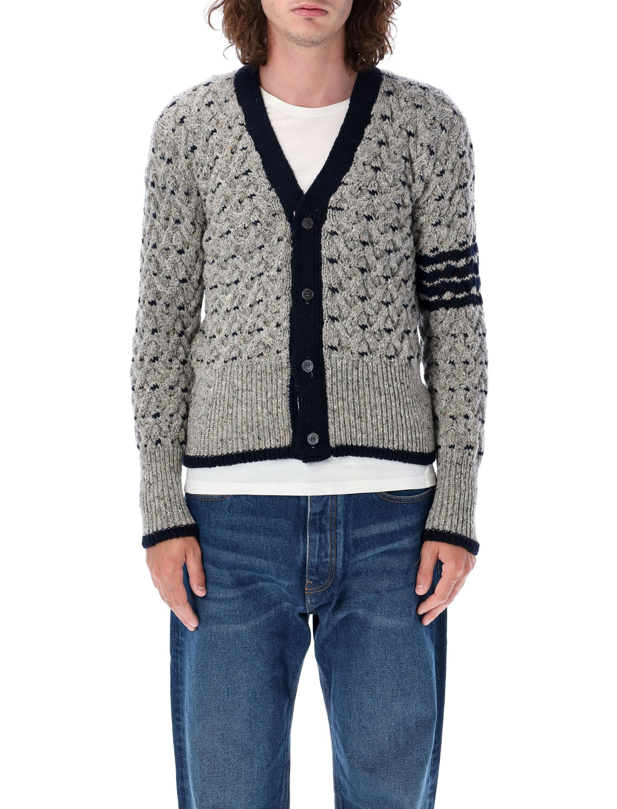 THOM BROWNE Elegant Cable Knit V-Neck Cardigan - Size 4