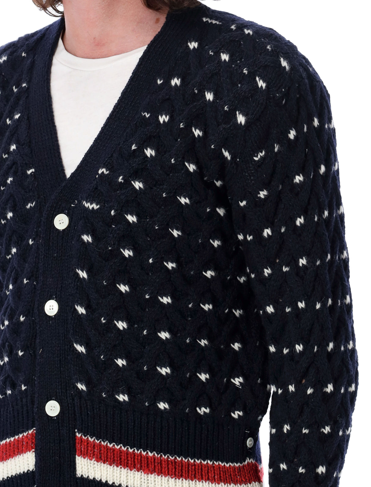 THOM BROWNE Elegant Cable Knit Cardigan with Contrast Trims