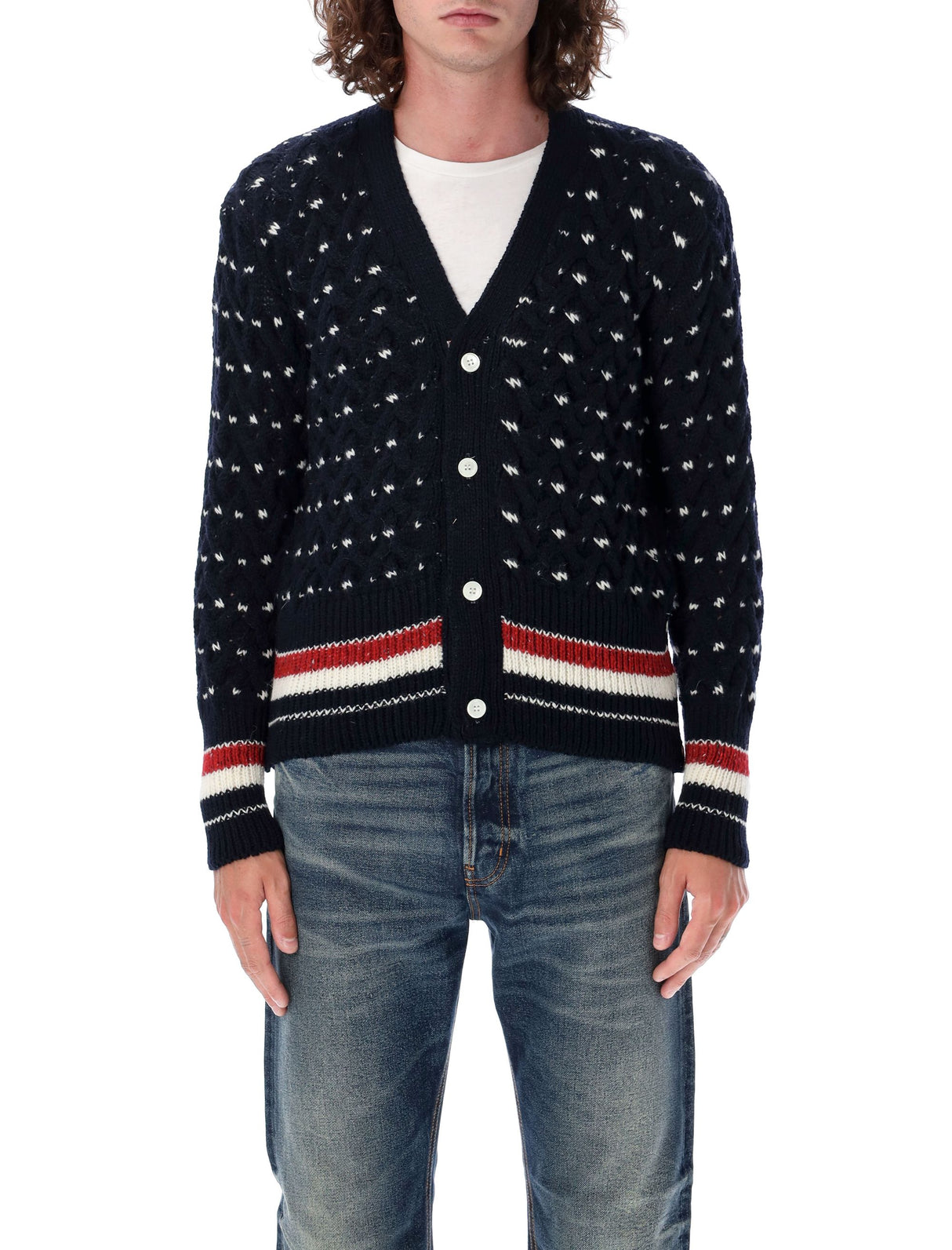 THOM BROWNE Elegant Cable Knit Cardigan with Contrast Trims