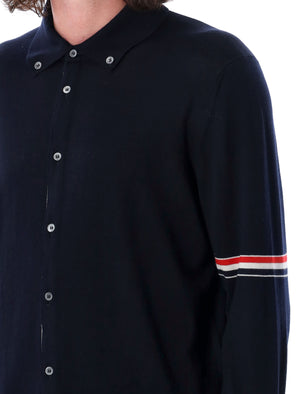 THOM BROWNE Classic Wool Button-Down Sweater with Tricolor Stripe